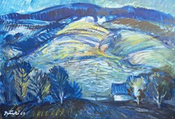 Pataki József (1928-1995): Dombos táj házzal (70x50 cm, olaj) 1969-es kék tájkép, 1960-as évek