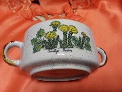 Növényhatározós,  két füles krémleves kínáló porcelán