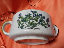 Növényhatározós,  két füles krémleves kínáló porcelán tál