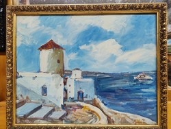 Santorini látkép olaj Bánfi