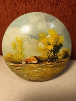 Fából készült festett tájképes bonbonier tartó