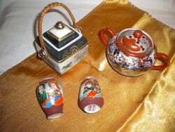Keleti porcelánok: Kutani tojáshéj porcelán cukortartó, tea fűtartó; Satsuma füstölő tartó