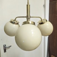 Art deco - Bauhaus 3 karos réz csillár felújítva - krémszínű gömb búrák
