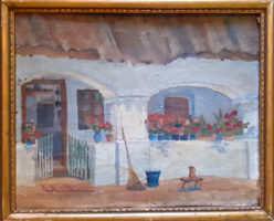 Tornácos parasztházikó (olaj-vászon kerettel) K. Virágh? boltíves házrészlet sok növénnyel