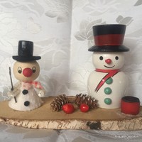 Régi,retró karácsonyi asztali dísz, gyertyatartó fa, zsenília és papír hóember díszítéssel