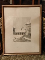 Téli utca részlet 125 éves fekete fehér akvarell szignóval  1901-ből