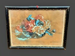 Jelzett: "rózsás csendélet". 16X19cm.