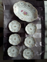 Hollóházi porcelán süteményes készlet 7 db-os, kézzel festett aranyozott díszítéssel