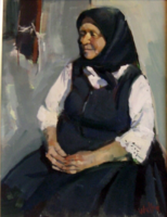 "Néni a ház előtt" WALTER GÁBOR olaj/farost 30x40cm