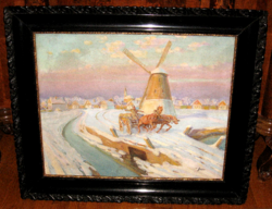 VERHETETLEN ÁRON ! GARANTÁLTAN EREDETI CSODÁS HÓDI GÉZA / 1881-1942/ FESTMÉNY : LOVAK A HÓBAN