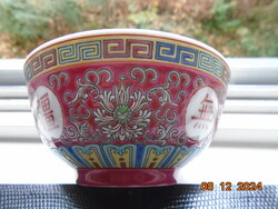 JINGDEZHEN Famille Rose dombor zománc lótusz és kalligráfia mintás tál porcelán kanállal