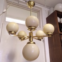 Art deco - Bauhaus 5 karos - 6 égős réz csillár felújítva - krémszínű gömb búrák