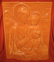 Budapesi Porcelángyár /1960/70/ :MONUMENTÁLIS CSODASZÉP FALI MÁZAS  RELIEF,  MÁRIA A KISDEDDEL
