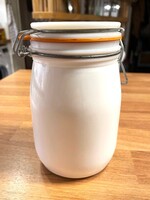 Régi Csatos fehér üveg tároló edény, 1 literes befőttes retro
