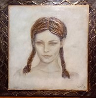 Derengő emlék. Női arckép tanúsítvánnyal. Prima díjas művész alkotása.Károlyfi Zsófia/1952