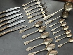 Régi, magyar, hiánytalan 6 személyes, jelzett, régi alpakka evőeszköz készlet csodás mintával