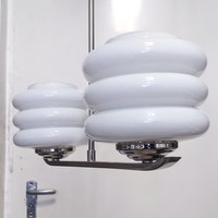 Art deco - Streamline nikkelezett 2 égős csillár felújítva - vízszintesen bordázott tejüveg ernyők