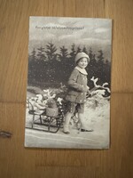 Antik képeslap - Karácsony, gyerek, szánkó, ajándékok