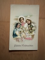 Antik színezett képeslap - Karácsony, gyerekek