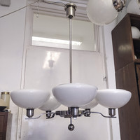 Art deco - Streamline 5 karos, nagy méretű nikkelezett csillár felújítva - tejüveg ernyők