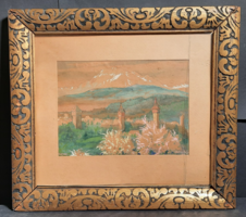 Ulrich Géza: Luzern, 1900 (tempera, karton, jelzett) svájci városkép, hegyel