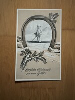 Antik képeslap - Újév, gyerek, patkó