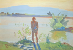 Szegedi Molnár Géza: Fürdésre készülve (vízparti táj)