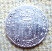 Ezüst spanyol 50 Cent XII. Alfonz 1880 T1-2
