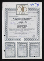 Országos Takarékpénztár (OTP) letéti jegy 10000 forint 1992