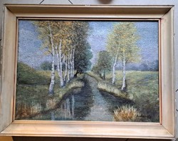 XX. sz Magyar festő.: Folyópart.Olaj.vászon.Mérete: 38x54 cm