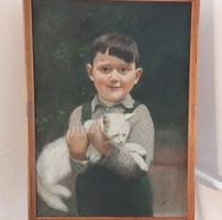 (K) Fiú cicával portré festmény Veress Géza jelzéssel 53x73 cm kerettel