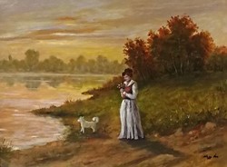 Nagy Éva(1954) -Séta a fehér kutyával 40x50 cm. Közvetlen a művésztől-életkép