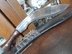 Indiai,Katonai Hadi Nepáli Gurkha,Kukri 1916/43 Jelzett,Fa-Bőr Tokos Több Funkciós Kés,Tőr.51.5 cm.