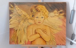 (K) Szignózott angyalkás festmény  80x60 cm