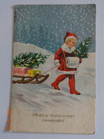 Régi grafikus karácsonyi üdvözlő képeslap, kislány szánkóval (1938)