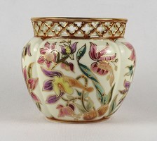1U047 Hibátlan vajszínű áttört orchideás Zsolnay porcelán kaspó