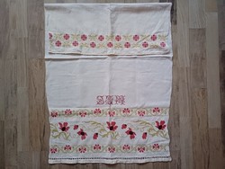 Hímzett régi lenvászon falidísz terítő 60 x 103 cm