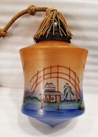 Art deco festett kraklé üveg csillár / mennyezeti lámpa japonizáló dekorral