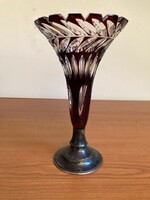 Ezüst talpas, antik csiszolt kristály váza - 19,5 cm