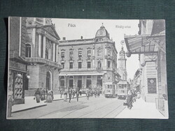 Képeslap,Pécs,Király utca,villamos,színház,casino látkép,Fürst Lipót Pécs kiadás,1915-
