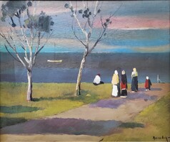 Id. Benedek Jenő (1906 - 1987) Vízparti táj  olajfestmény  EREDETI GARANCIÁVAL