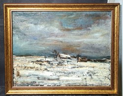 Pataky Tibor: Tanya (olaj, vászon, arany keretben) paraszti táj - hódmezővásárhelyi festő?