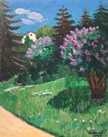 Csermely János (1882-1963): Nyári parkrészlet orgonákkal (olaj-vászon) 1910-es évek - színes virágok