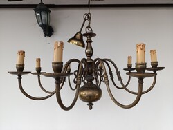 Antik csillár flamand 8 karú bronzírozott patinás réz + új dísz gyertyákkal + 8 új gyertya izzó 4135