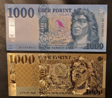 Aranyozott 1000 forint bankjegy, replika, és a modellje UNC certifikációval