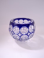 Kék kristály gömb váza, überfangos, csiszolt, 12 cm