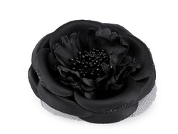ESKÜVŐ BCS04 - Kitűző, bross, hajcsat - fekete színű szatén virág, rózsa kb. 11cm