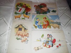 7 db Újévi szerencse malac képeslap az 1930-40-es évekből.