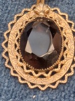 Antik Aranyozott Ezüst Füstkvarc  Csiszolt  Ékkövel Díszített Fémjelzett Medál