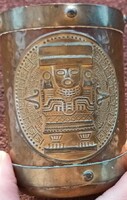 Vintage RZS Hecho en MEXICO Réz és sárgaréz azték kalapált csésze pohár maja képpel